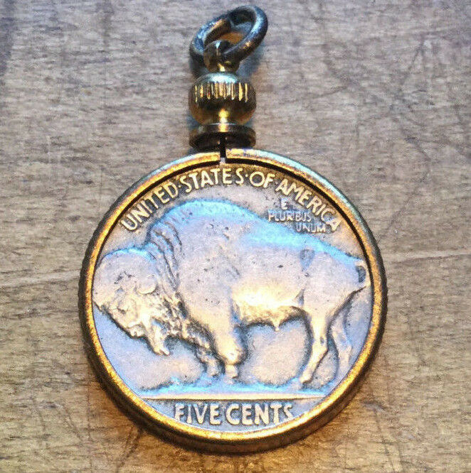 Vintage Buffalo Nickel Coin Pendant. Nos Brass Setting. Double Sided Chief Charm