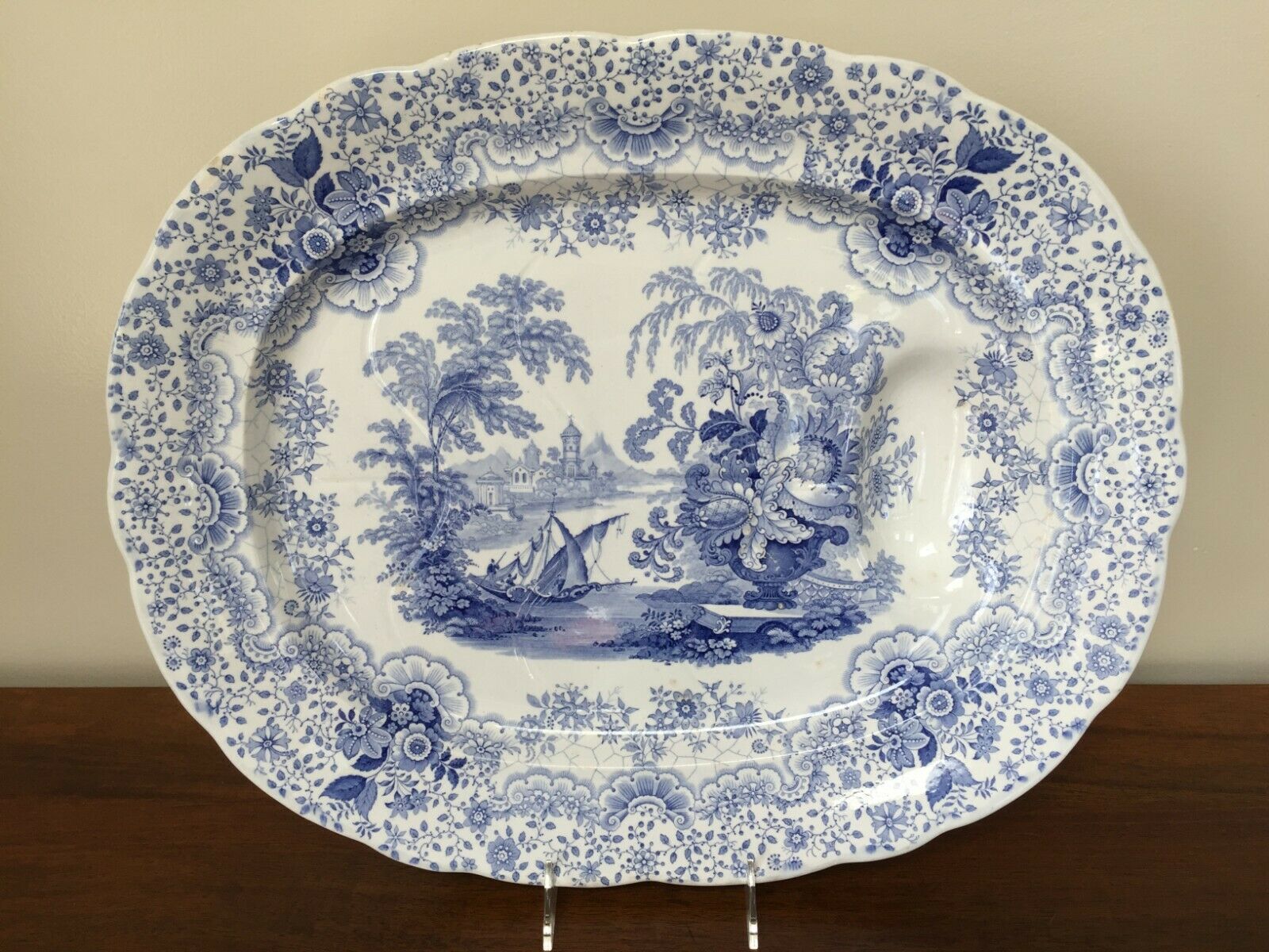 William Ridgway Persian Blue Transfer 18” Well & Tree Meat Platter C. 1830