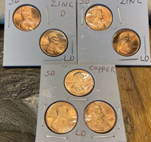 1982 P D Lincoln Cent Uncirculate 7 Coin Variety Set Small & Large Copper & Zinc