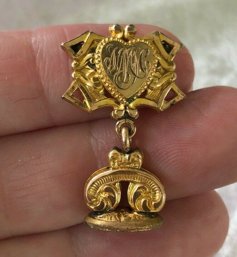 Victorian Gold Filled Watch Fob Slide Charm Pin Monogram Engraved Wax Seal 5g
