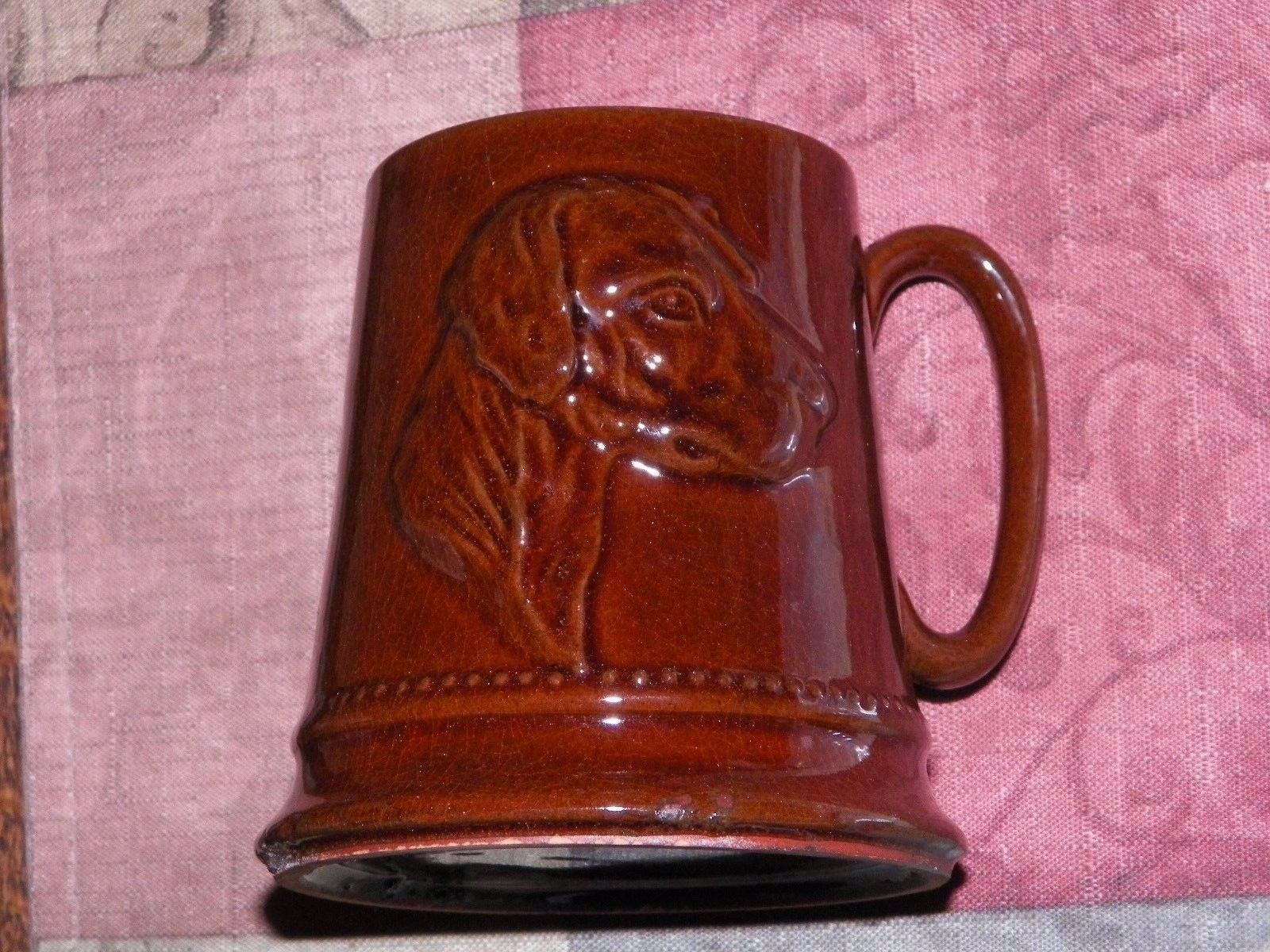 Vntg Brown Pottery Coffee Mug English Setter Dog Bugle Whip Riding Hat Fox Hunt