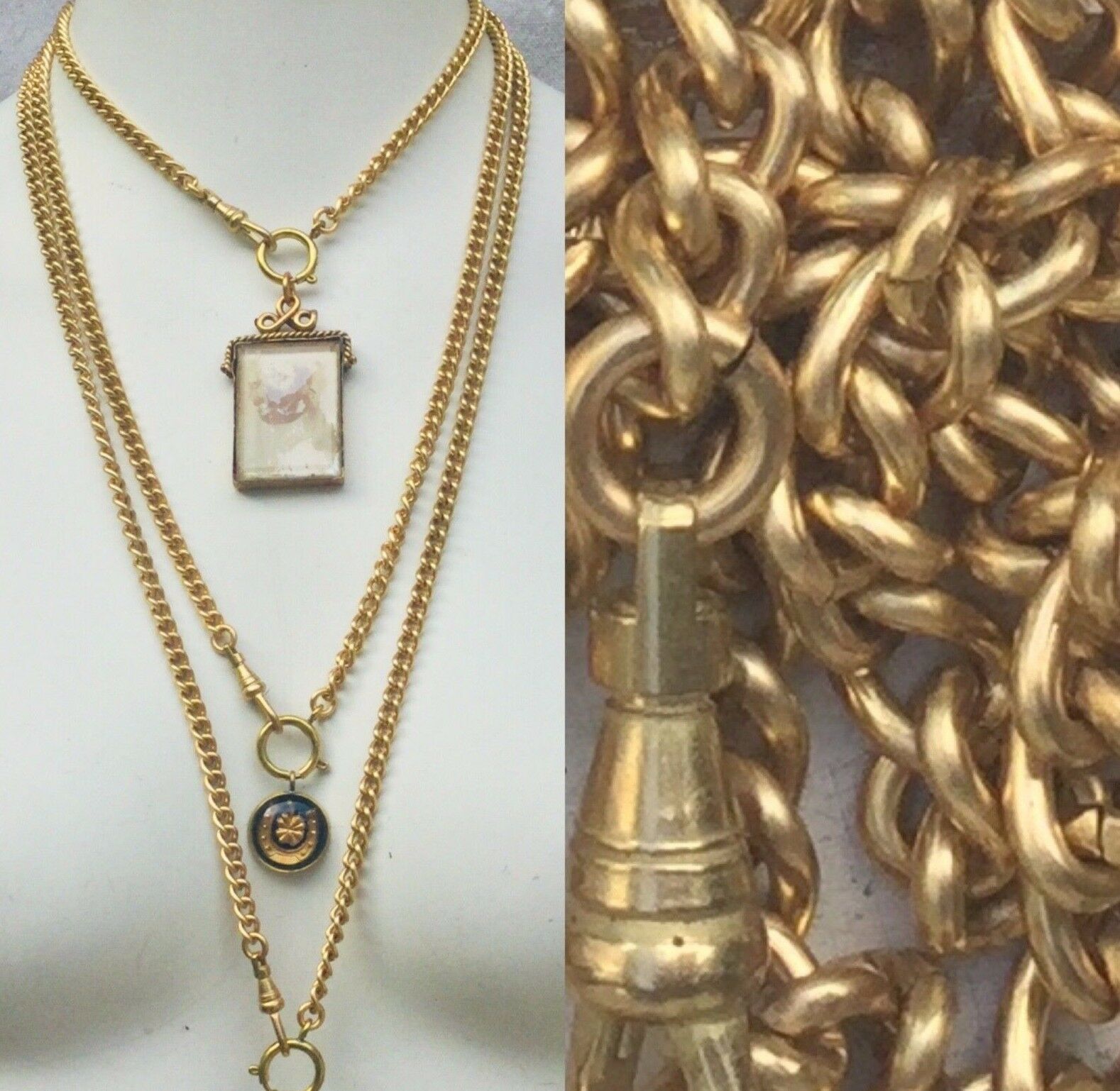 Heavy Watch Chain Necklace Gold Brass Lanyard Vtg 16-31” Victorian Repro